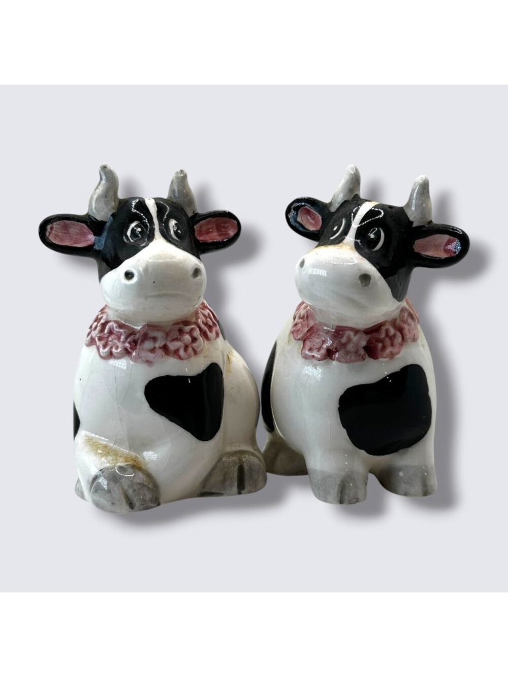 Vintage Ceramic Cow Salt and Pepper Shakers Set Black White MCM Farmhouse